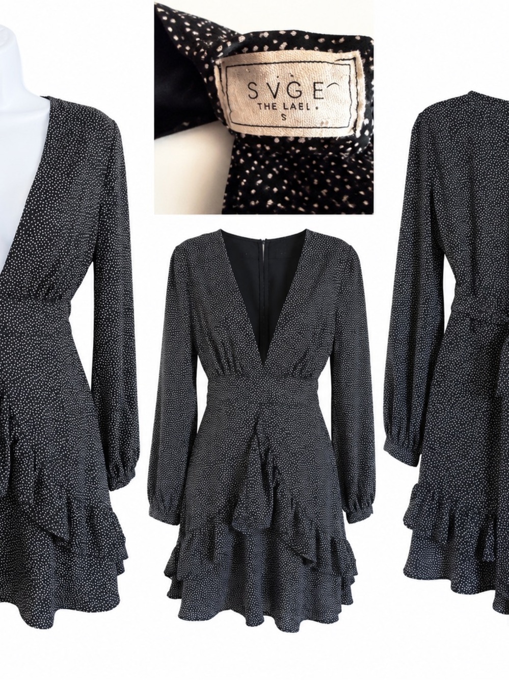 Sage Black Polka Dot Long-Sleeve Wrap Ruffle Dress